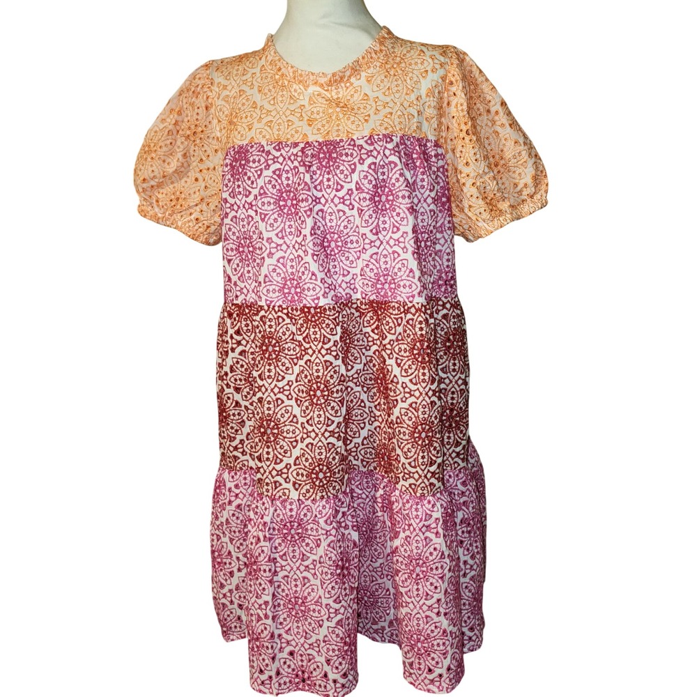 VOY Womens Tiered Eyelet Babydoll Dress Orange Pink Floral Puff Sleeve Size L